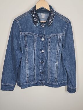 Chico's Embellished Jeweled Collar Denim Jean Jacket Chico Size 2 US 12-14